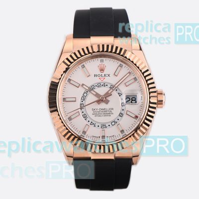 ES Factory Swiss Replica Rolex Sky-Dweller Rose Gold Case White Face Oysterflex Watch 
